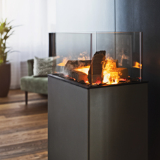 eSENSE Living ist ein Möbel aus Stahl mit integriertem Elektrofeuer.