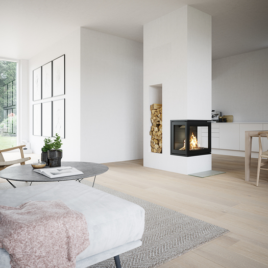 R-600 dreiseitig verglast Holz-Kamineinsatz R-600 dreiseitig in hellem, offenen Wohnraum