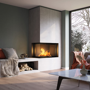 Holz-Kamineinsatz VISIO 2 L mit einer gemütlichen Seitenbank im Wohnzimmer bei Winterstimmung