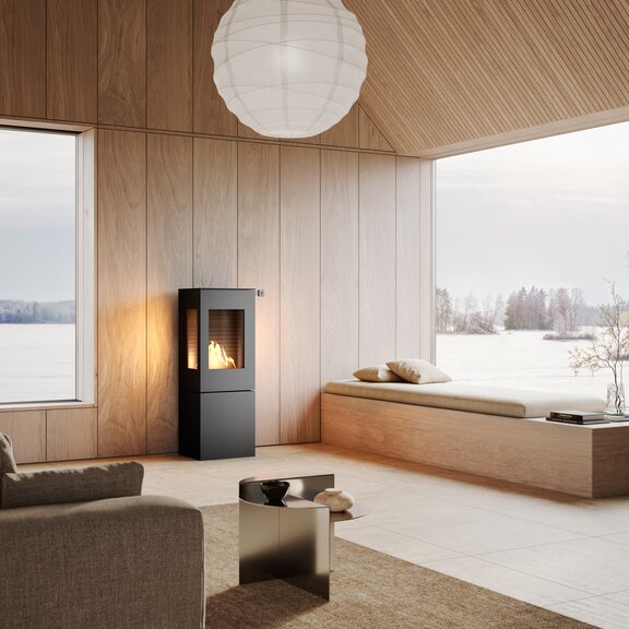 Bioethanol Kaminofen NEXO 120 BIO in der Farbe Schwarz im naturhaften Wohnraum