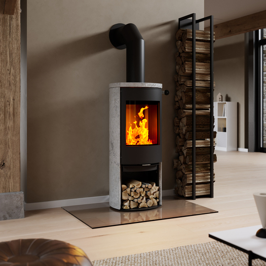 CARO 120 mit Specksteinverkleidung Holz-Kaminofen CARO 120 mit Stahltür in Schwarz und Specksteinverkleidung