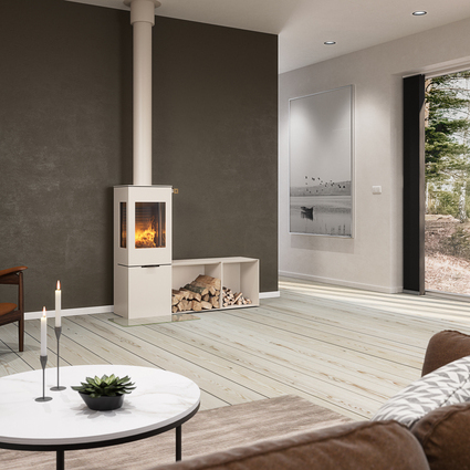 Holz-Kaminofen NEXO 120 in der Farbe Sand mit Stahltür und Seitenfenster sowie Seitenbänke vor brauner Wand