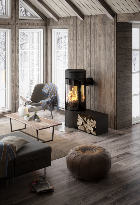 Holz-Kaminofen VIVA 120 L in Schwarz mit Seitenbank in einem modernen Holzhaus im Wald