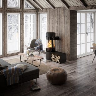 VIVA 120 L in Schwarz mit Seitenbank Holz-Kaminofen VIVA 120 L in Schwarz mit Seitenbank in einem modernen Holzhaus im Wald