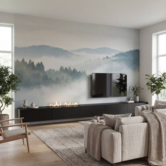 Bioethanolbrenner Denver F2 im Wohnzimmer Sideboard schwarz vor Wand mit Waldbild