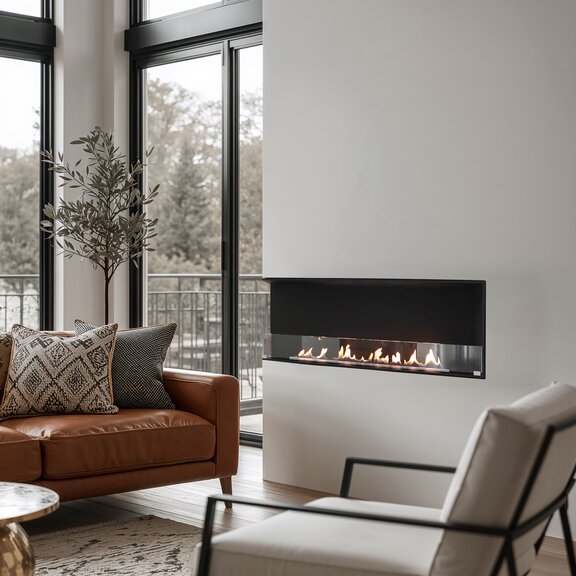 Montreal 2-seitig links eingebaut mit weisser Verkleidung in Wohnraum mit braunem Ledersofa und modernem Sessel