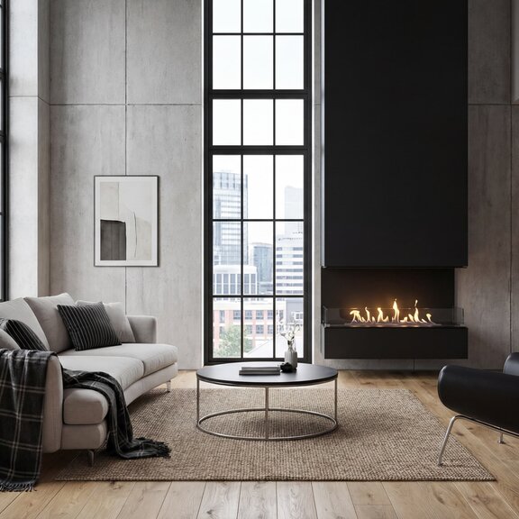 Montreal 3-seitig eingebaut in Wohnzimmer im Industrie-Stil, mit schwarzer Verkleidung, grossem grauem Sofa und Sessel