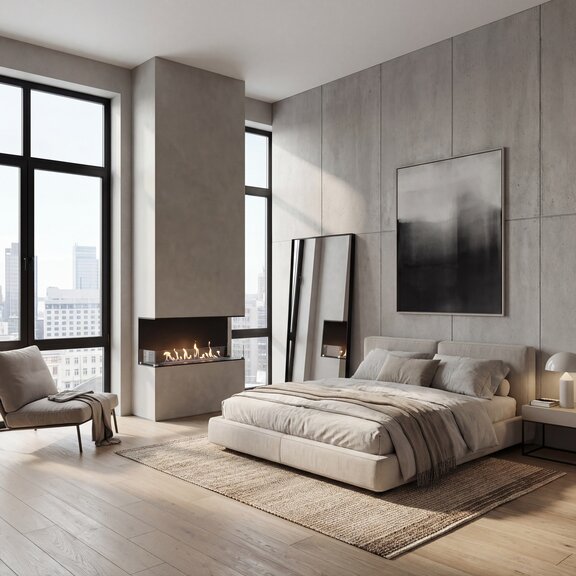 Montreal 3-seitig eingebaut in Schlafzimmer mit Betonwand grossem Bett und Aussicht über die Stadt